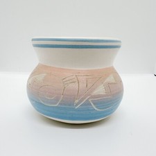 Vintage Navajo Handmade Pottery Pot Southwest Etched Signed Pastel Pink Blue 80s picture