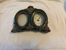Vintage Ornate Double Oval Table Clock & Picture Frame Gold Green Decorative picture