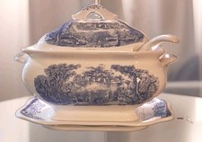 Vintage Trimont Ware Blue White  Castle Soup Tureen 4pc Set Platter/ Lid &Ladle picture