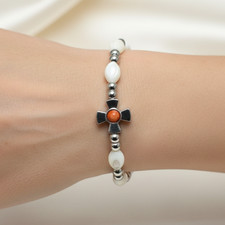Mother of Pearl Bracelet with Orange Crystal, 8x6mm Beads picture