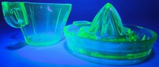 Vaseline/Uranium Depression Glass Citrus Juicer and Creamer EXCELLENT picture