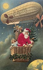 Rare~SILK~Santa Claus in a Hot Air Balloon Christmas Postcard~Blimp Zepplin~s324 picture