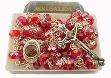 Red Crystal Beads Catholic Rosary Jerusalem Holy Soil Medal and Silver Cross picture