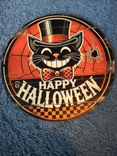 Vintage Style Happy Halloween Black Cat Top Hat Retro Sign Wood New picture
