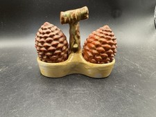 Vintage Pine Cone Salt And Pepper Shakers w/ Holder Ceramic Made In Japan 2” picture