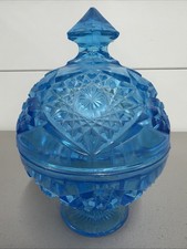 VTG Kemple Wheaton Hobstar & Fan Aqua Blue Glass Compote Candy Dish With Lid picture