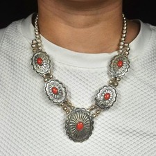 Vintage Tim Guerro Navajo sterling silver coral concho style beaded necklace picture