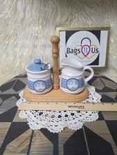 VINTAGE COUNTRY GEESE RIBBON GEESE GOOSE SUGAR BOWL & CREAMER PITCHER W/CADDY picture