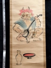 Japanese Hanging Scroll Otsu-e Painting monk demon (oni)  playing &drinking sake picture