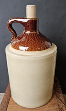 VTG Glazed Rustic Two-Tone Brown/Tan Stoneware Jug Chevron Pattern Org Cork EUC picture