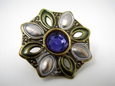 Vintage Flower Brooch Pin Purple Rhinestone Green Enamel Two-Tone Metal Costume picture