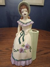 Weil Ware Figurine Vase Woman Purple Flowers California Pottery Bud Vase 10”Tall picture