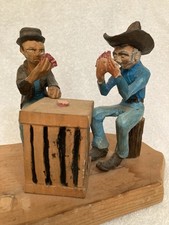 Vintage Folk Art Carved Wood Painted 2 Men Playing Cards Over a Box picture