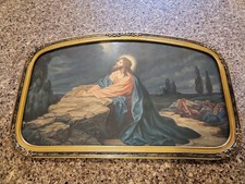 Jesus Praying Garden Gethsemane Litho Print W/ Antique Gold Frame 1940s Vintage picture