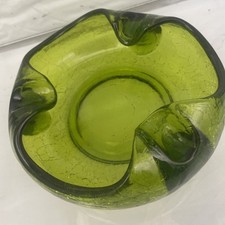 Vintage Heavy Handmade MCM Green Crackle Glass Round Ashtray 7” x 2.5” picture