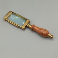 Vintage Rectangular Magnifying Glass Brass and Wood Inlay Handle picture