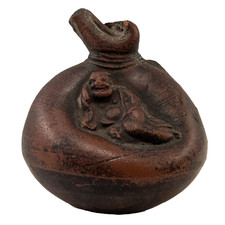 Antique Japanese Old Bizen Ceramic Suiteki Water Dropper Lucky God Hotei & Bag picture