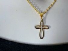 Vintage Dainty Small Gold Tone Hollow Open Christian Cross on Chain Necklace picture