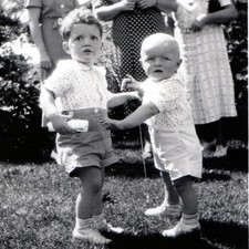 c1930s Deco Elephant Border Snapshot Photo Two Toddler Boys Sunbonnet Women Lawn picture