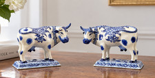 Pair of Late 19th Century Dutch Delft Blue & White Pottery Cows picture