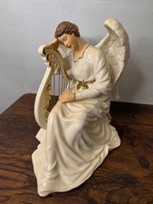 Large Ceramic Angel Playing Harp Figurine Ivory Gold Wings Religious Decor picture