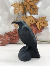 Black Obsidian Raven Carving Matte Finish Stone Crow Bird Figurine picture