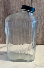 Vtg 50s Anchor Hocking 1 Quart Ribbed Glass Refrigerator Bottle Black Cap 32oz picture