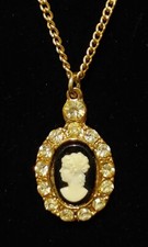 Vintage Faux Hard Stone Cameo Necklace Set with Rhinestones on Gold Tone Chain picture