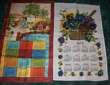 2 VINTAGE 1972 & 1979 LINEN CALENDAR TOWELS WITH PANSIES & HOUSES picture