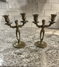 vintage Pair Of solid brass Russian figural candelabras picture