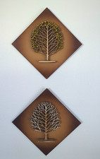 Vintage Mid-Century Modern Wall Plaques Syroco Wood Tree Seasons Nature Set of 2 picture