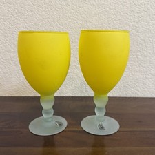 VTG Set 2 pc Hand Blown Mexican Frosted Glass Wine Goblets Yellow Blue NEW picture