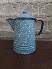 Vintage Cowboy Coffee Pot Blue White Speckled Enamelware  8.5 