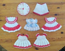 7 Vintage Crochet Doily Pot Holder Red Trim Clock Dress Panties Blue Cottagecore picture