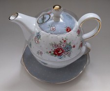 Grace Teaware Tea for 1 Stacking Teapot Katie Rose Blue Red Floral Porcelain Set picture