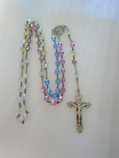 Exquisite Vintage Sterling Silver Cross Faceted Crystal Beads 5 Color Rosary 38