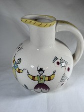 Folk Art Quimper Style Pottery Pitcher Yellow Stripe Handle Man & Woman Vintage  picture