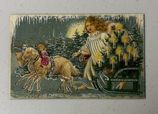 Merry Christmas angel postcard sheep pulling sleigh tree w/candles Tuck Prussia picture