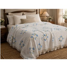 Vintage White Chenille Bedspread Blue Floral Popcorn Tufted Fringe 90x100 picture