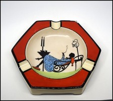 Art Deco Noritake Silhouette Ashtray Smoking Lady Lounge Chair Green Wreath 1920 picture