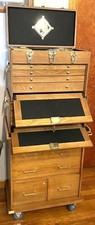 Gun Display Case Oak 15 Drawer Pistol Knife Wood Rolling Storage Chest Cabinet picture
