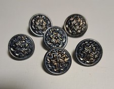 Vintage AWS Qualitat Austria 6 Ornate Metal Shank Buttons Blackened Silver 15mm picture