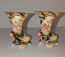 Vintage 2-Hand Painted Yellow Cherub Mini Horn Vases Made in Occupied Japan picture