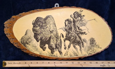 Vintage Native American Buffalo Hunt Wood Slice Wall Art Decoupage Plaque picture