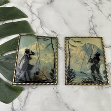 Vintage Mid Century Bubble Silhouette Art Set Pair Fishing Camping Man Woman picture