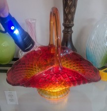 Vtg Indiana Glass Amberina Canterbury Sunset Fruit Diamond Point Basket Large picture