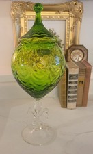 Rare Vintage 16” Empoli Italy Green Pedestal Glass Apothecary Jar Clear Stem Lid picture