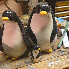 Ceramic Penguin Figurines Set of 3 Black White Yellow 2 Adults + 1 Baby picture