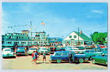Wolfeboro NH New Hampshire Scene People Old Cars Steamer At Dock VTG Postcard picture