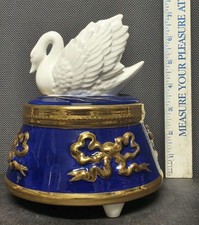 Vtg Teleflora Porcelain Swan Lake Music Box Trinket Jewelry Blue & Gold *READ* picture